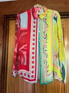 FARM Rio Floral & Stripe Colorblock satin shirt. Size medium.